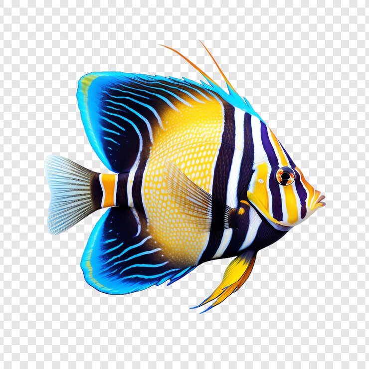 un poisson avec un corps jaune et bleu et des rayures jaunes et bleues
