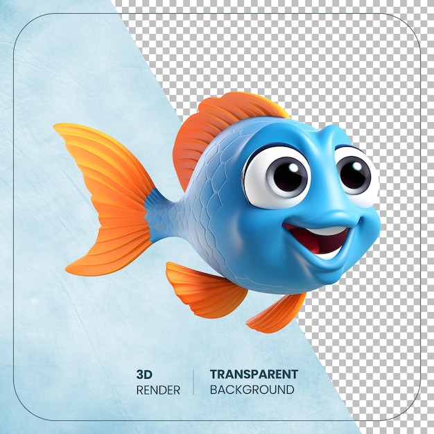 PSD poisson de dessin animé psd 3d avec de grands yeux isolés sur un fond transparent