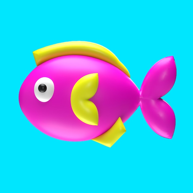 Poisson de dessin animé rose en 3D avec des nageoires jaunes