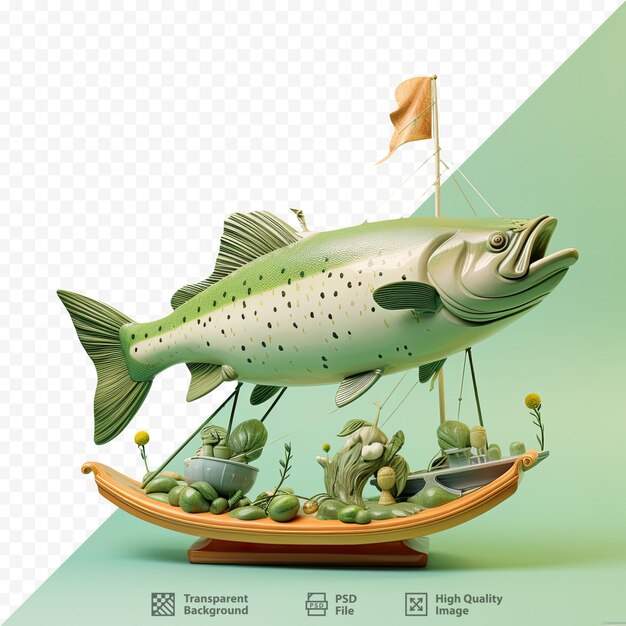 PSD un poisson est sur un bateau en bois avec un drapeau dessus.