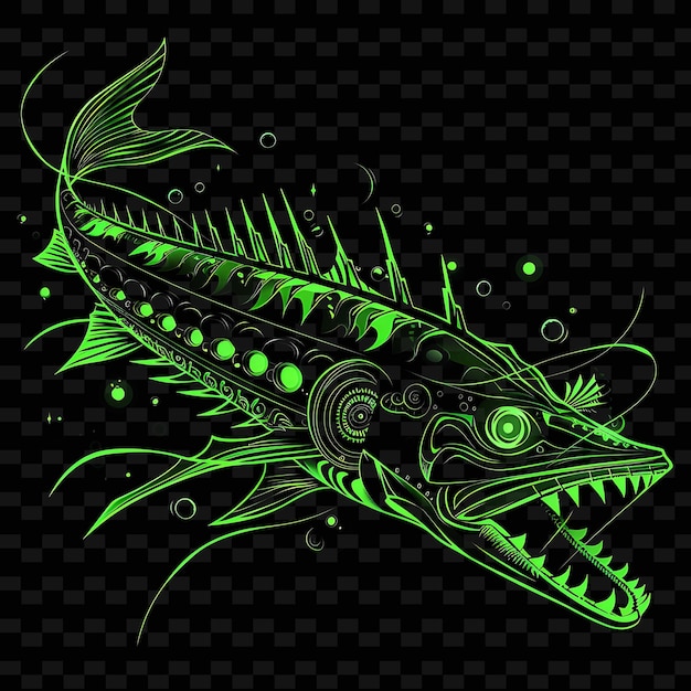 PSD un poisson avec des lumières vertes sur le visage et le mot poisson sur le fond noir
