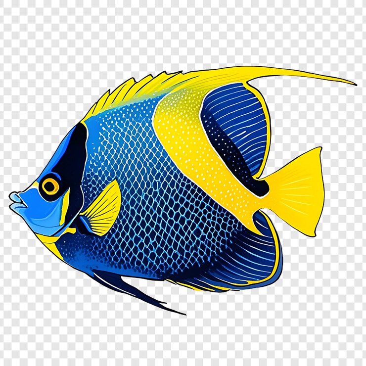 PSD poissons bleus et jaunes isolés sur un fond transparent