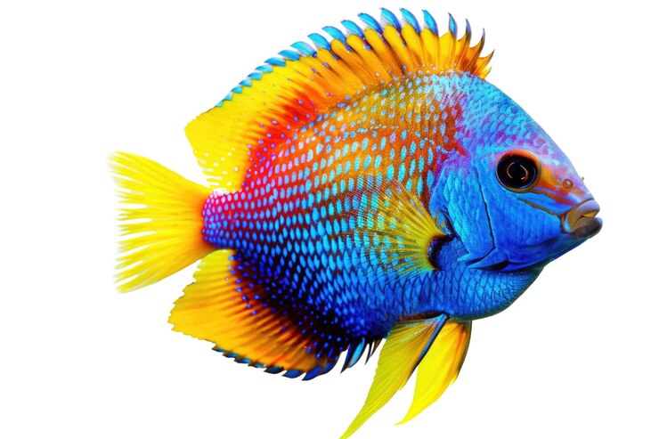 PSD poissons ornementaux colorés isolés sur fond blanc studio aquatique aig57