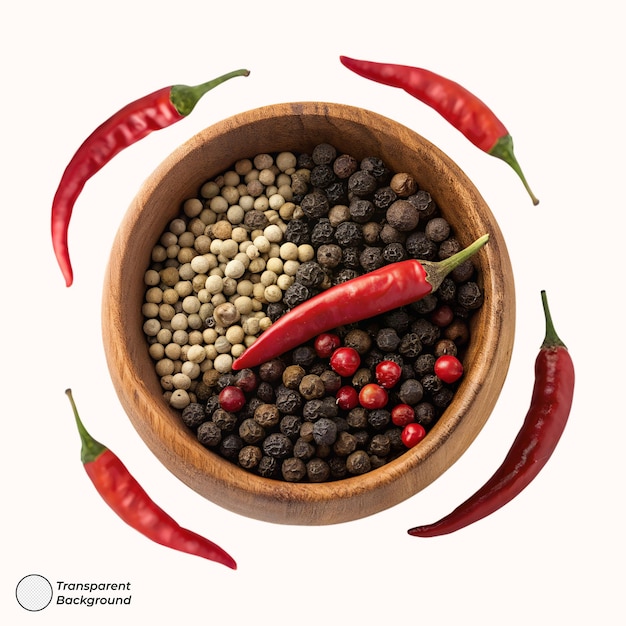 Poivrons et piment dans un bol de bois rustique Matière culinaire épicée Nature morte