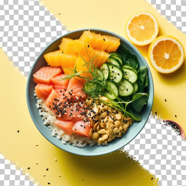 PSD poke bowl con arroz, salmón, pepino, mango, cebolla, ensalada de wakame, semillas de amapola y semillas de girasol sobre fondo transparente, área vacía para texto