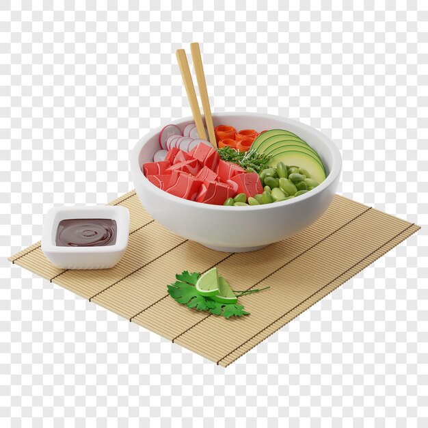 Poke bowl con pescado crudo aguacate rábano zanahorias soja chukka con salsa teriyaki