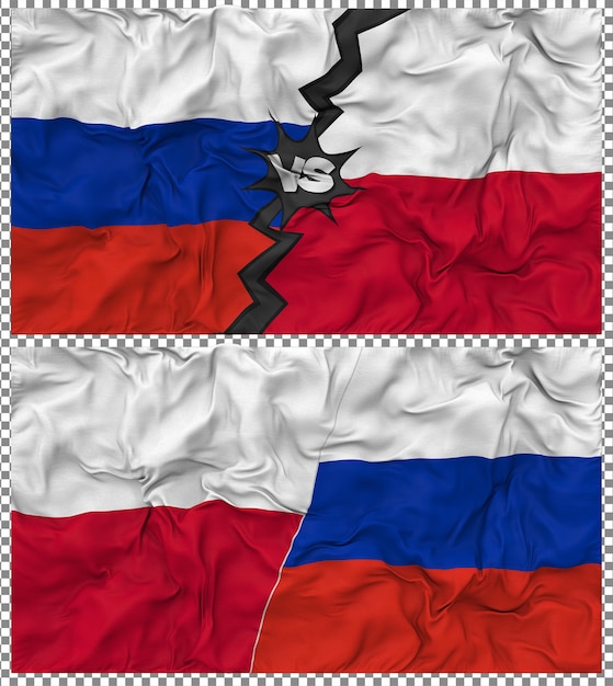 Polen gegen Russland Halbkombinierte Flagge Stoff Bump Textur 3D-Rendering