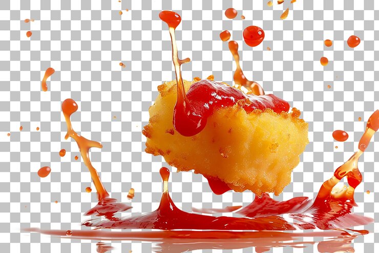 PSD polenta frita flotando con marinara y salpicaduras de queso en un fondo transparente
