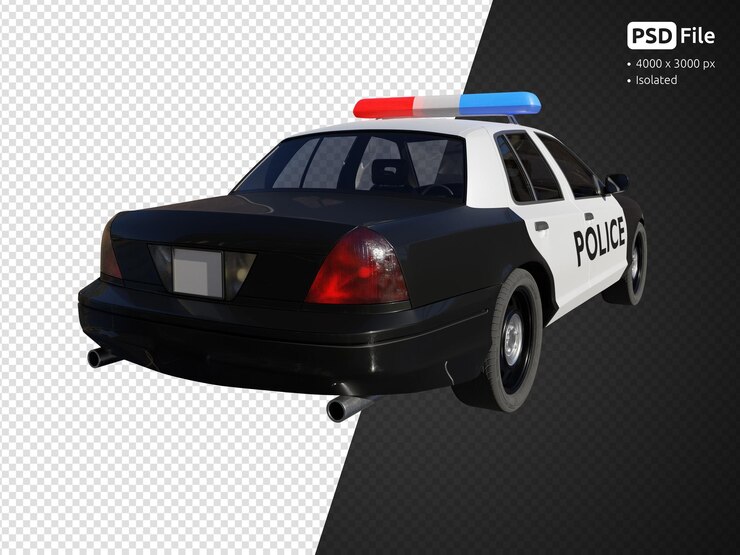 PSD police car rear angle view isolated 3d render