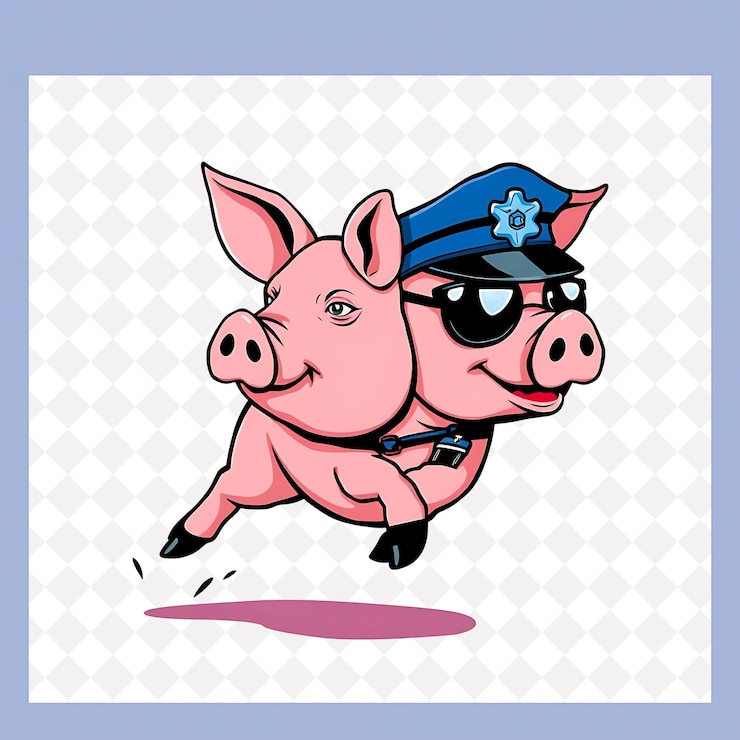 PSD polícia perseguindo porco com uma pose de corrida vestindo um chapéu e distintivo 2d design azul e preto vívido plano