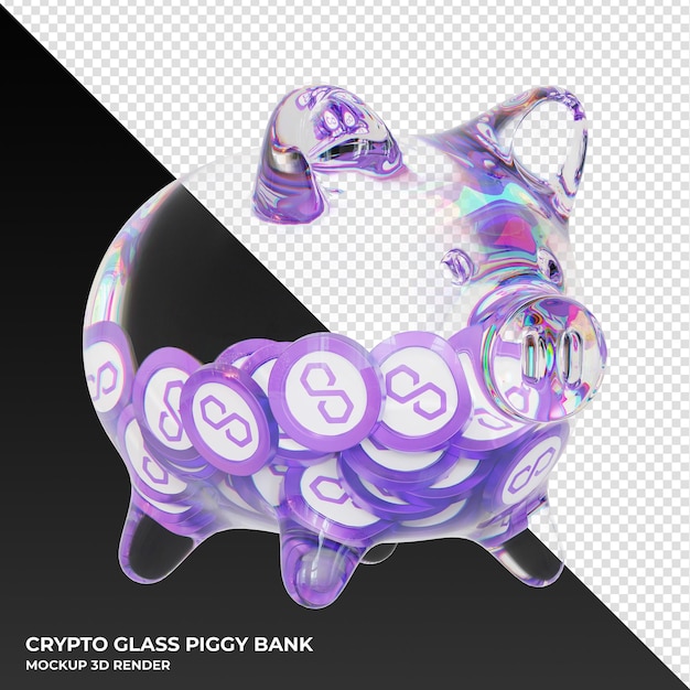 Polígono MATIC Glass hucha con crypto monedas ilustración 3d