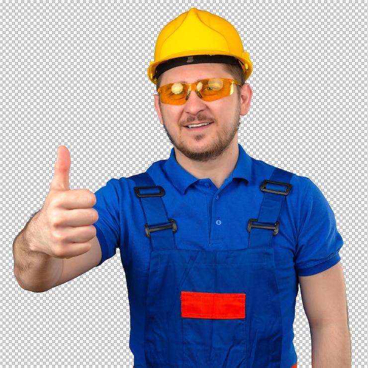 PSD pollice di mostra amichevole sorridente d'uso del casco di sicurezza dell'uomo d'uso del casco del costruttore e di sicurezza su che controlla parete blu isolata