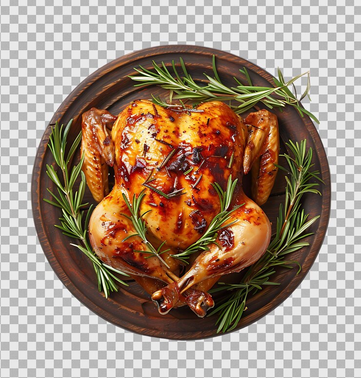 PSD un pollo asado en un plato o madera en un fondo transparente aislado