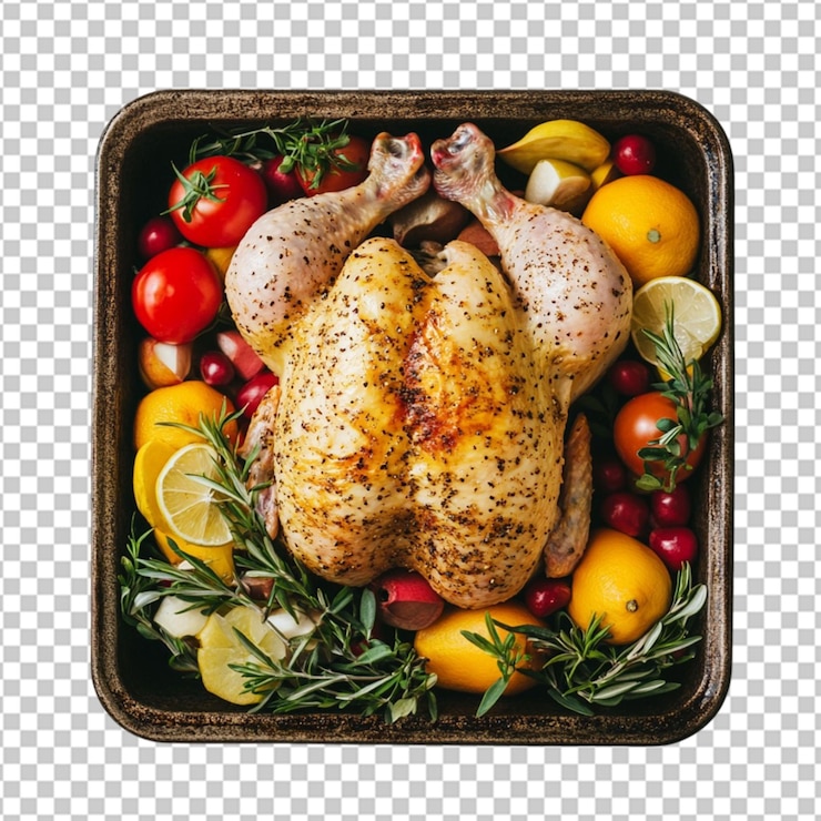 PSD pollo asado con verduras en fondo transparente con capa de máscara editable
