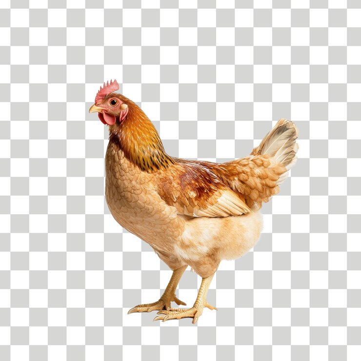 PSD un pollo con una cabeza roja y un fondo blanco con un fondo borroso