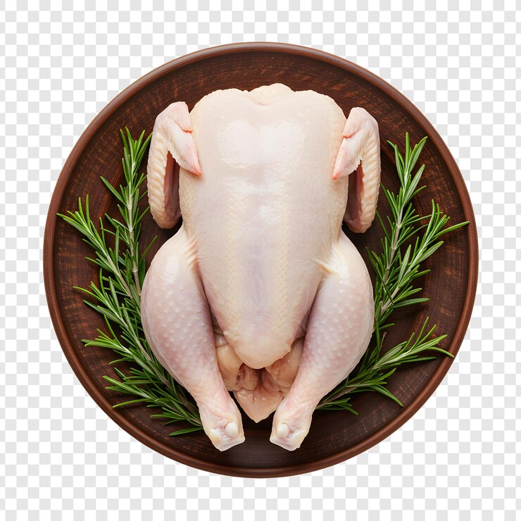 Pollo crudo intero su un piatto marrone con rosmarino