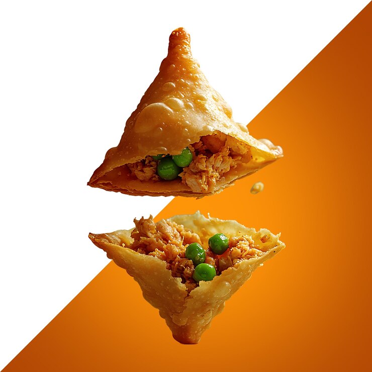 PSD pollo crujiente flotante tikka samosa rasgado para revelar la carne en el interior con guisantes y pollo quebradizo