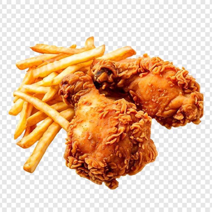 PSD pollo frito crujiente patatas fritas y mezcla de ketchup aisladas en transparente