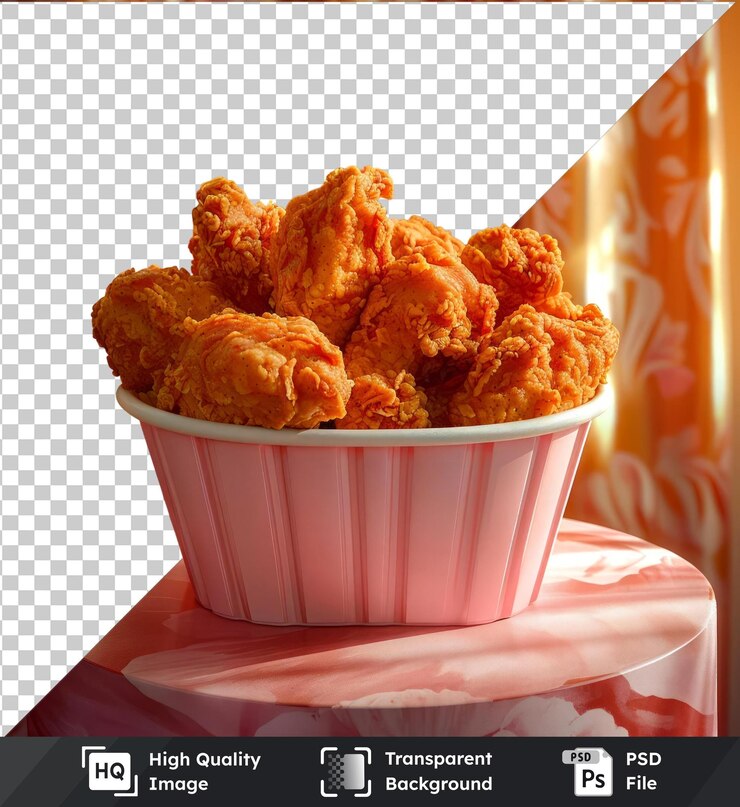 PSD pollo frito crujiente sobre fondo rosa con cortina naranja y taza blanca