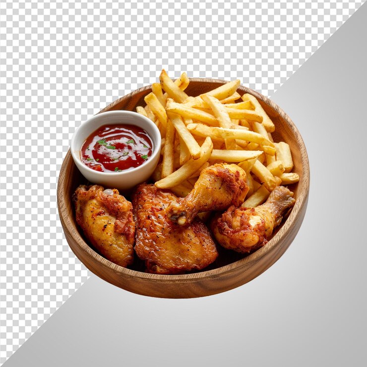 PSD pollo frito y papas fritas en un plato de madera png