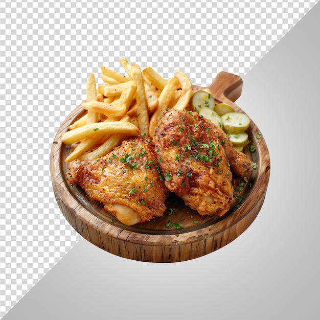 Pollo frito y papas fritas en un plato de madera png