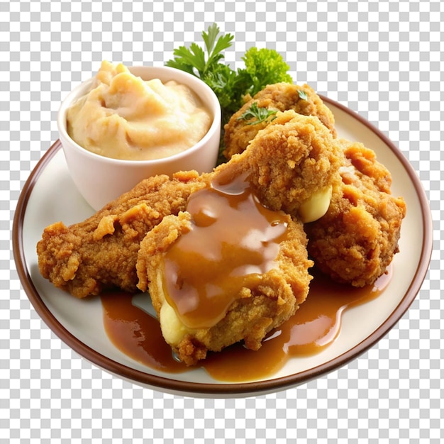 Pollo fritto con salsa e purè di patate su uno sfondo trasparente
