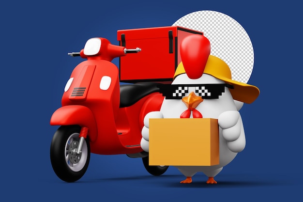 Pollo lindo que sostiene una representación 3d del pollo de la entrega de la caja del paquete