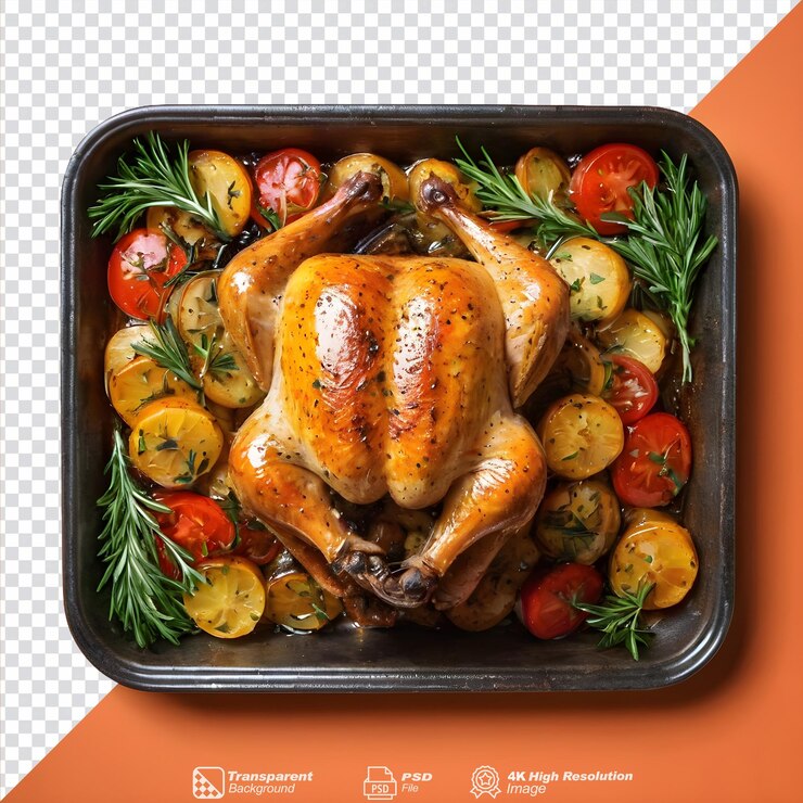 PSD pollo medio asado en un fondo transparente con hierbas variadas aisladas