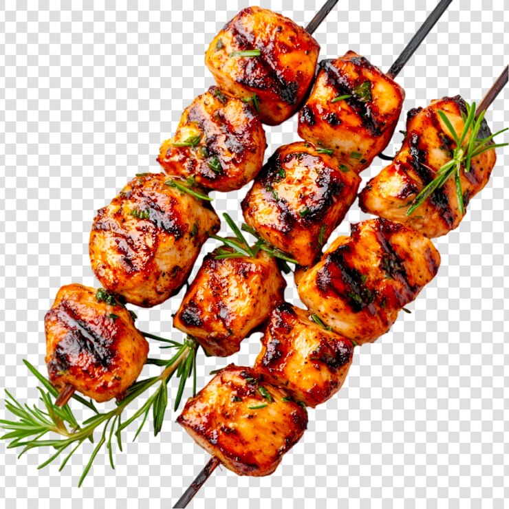 PSD pollo a la parrilla, broches de romero, guarnición, comida deliciosa, comida de barbacoa.