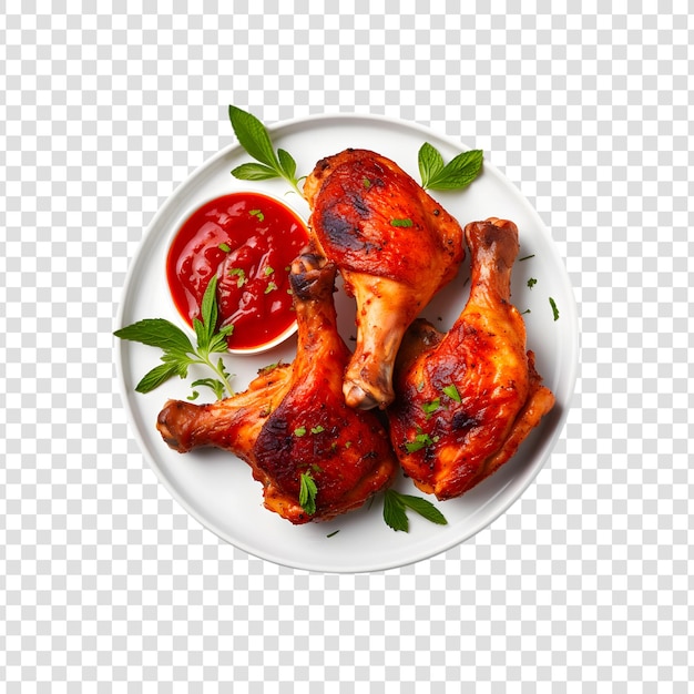 PSD pollo a la parrilla o barbacoa asada con especias y tomate en el plato vista superior sobre un fondo transparente