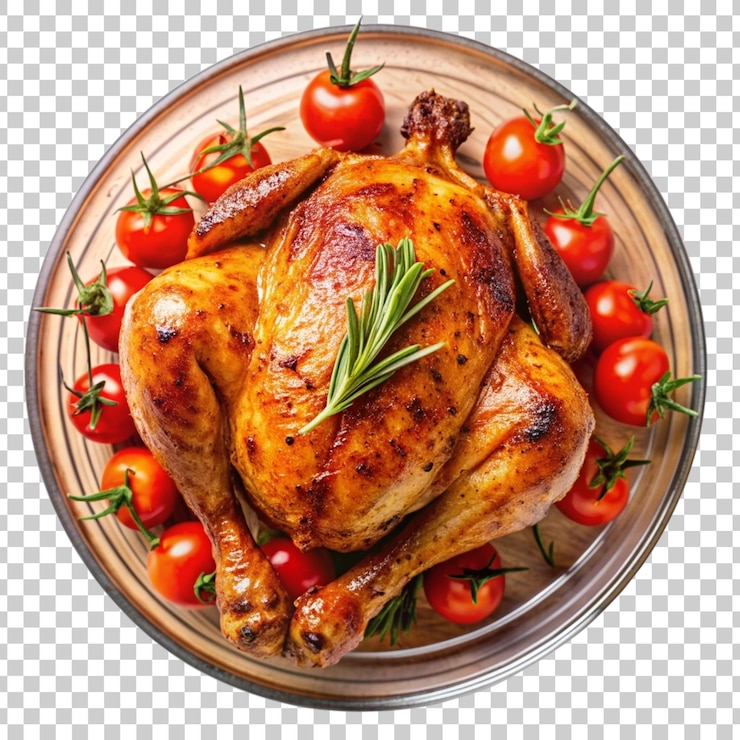PSD pollo a la parrilla o barbacoa asada con especias y tomate sobre un fondo transparente psd