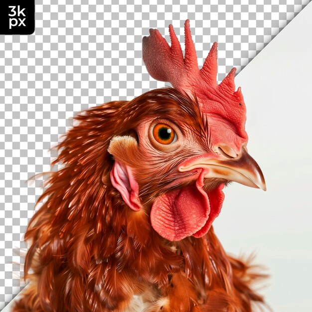 Un pollo con un peine rojo en la cabeza se encuentra frente a un fondo transparente