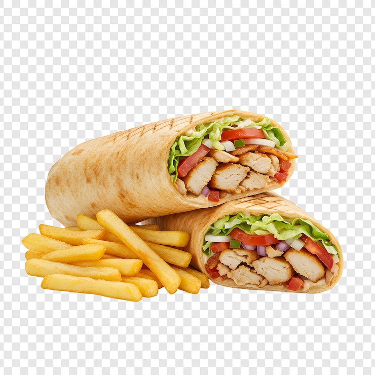 Pollo Shawarma wrap con patatine fritte