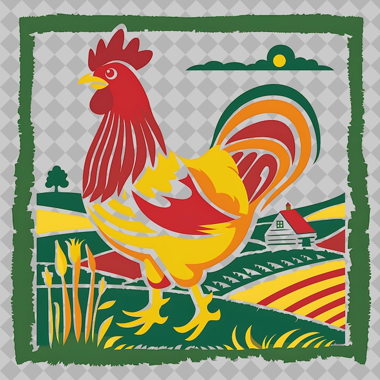 PSD pollo en una silueta rectangular paisaje de tierras de cultivo dep png acuarela colecciones de vida silvestre