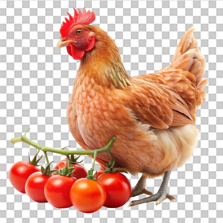 PSD pollo con tomates aislados sobre un fondo transparente