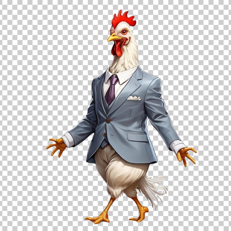 PSD un pollo con un traje y un traje que dice pollo