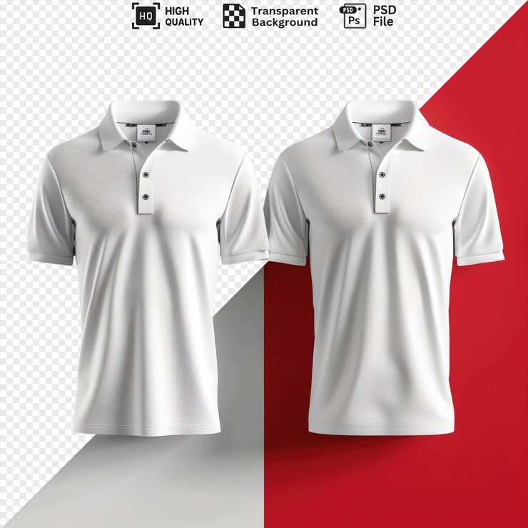 polo de golf aislado con protección UV en conjunto blanco clásico aislado en fondo transparente con una camisa blanca y cuello contra una pared blanca y roja
