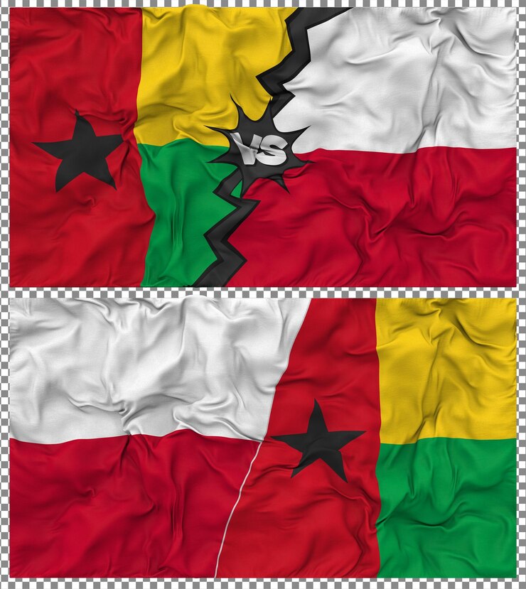 PSD polônia contra guiné-bissau meia bandeira combinada textura de tecido de bump renderização 3d