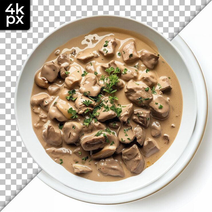 PSD polpette cremose di funghi in una ciotola bianca su uno sfondo trasparente