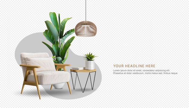 Poltrona e maquete de planta renderização em 3d