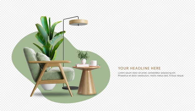 Poltrona e maquete de planta renderização em 3d
