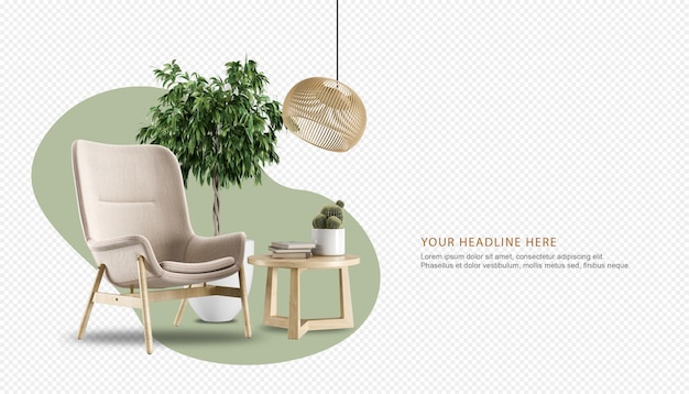 Poltrona e maquete de planta renderização em 3d