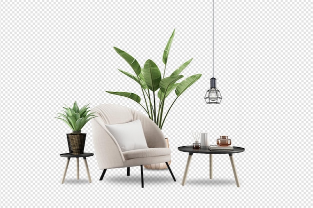 Poltrona e piante in rendering 3d