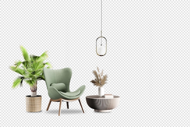 Poltrona e planta verdes em renderização 3d
