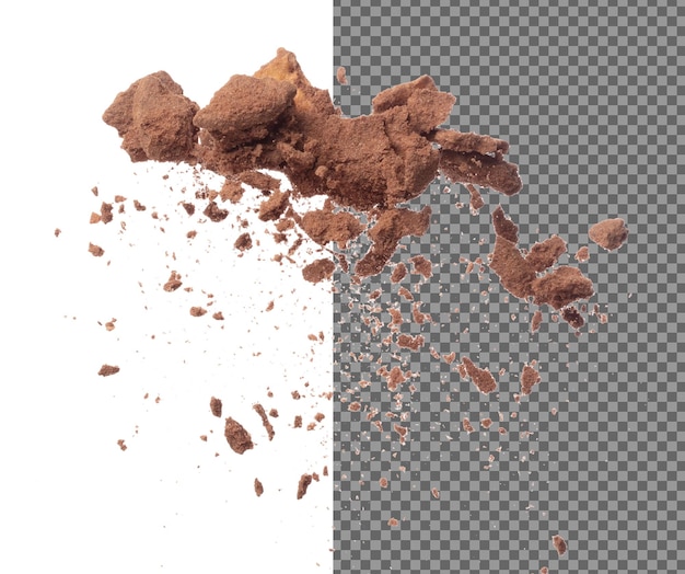 Polvere di cacao cadere volare in mezzo all'aria miscelare biscotti cracker polvere di coco esplosione galleggiante polvere di Cacao cioccolato chip crunch lanciare in aria sfondo bianco isolato congelamento movimento obturatore ad alta velocità