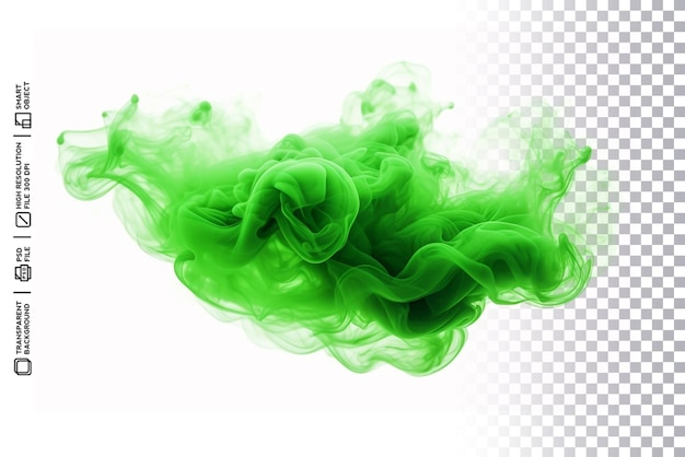 Polvere di fumo verde radiante con effetto realistico su uno sfondo trasparente