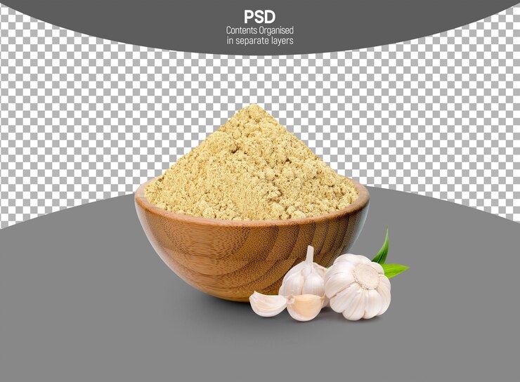 PSD polvo de ajo en cuenco de madera aislado sobre un fondo transparente
