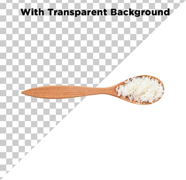 Polvo de coco desecado o seco en una cuchara de madera Vista superior PNG PSD en fondo transparente