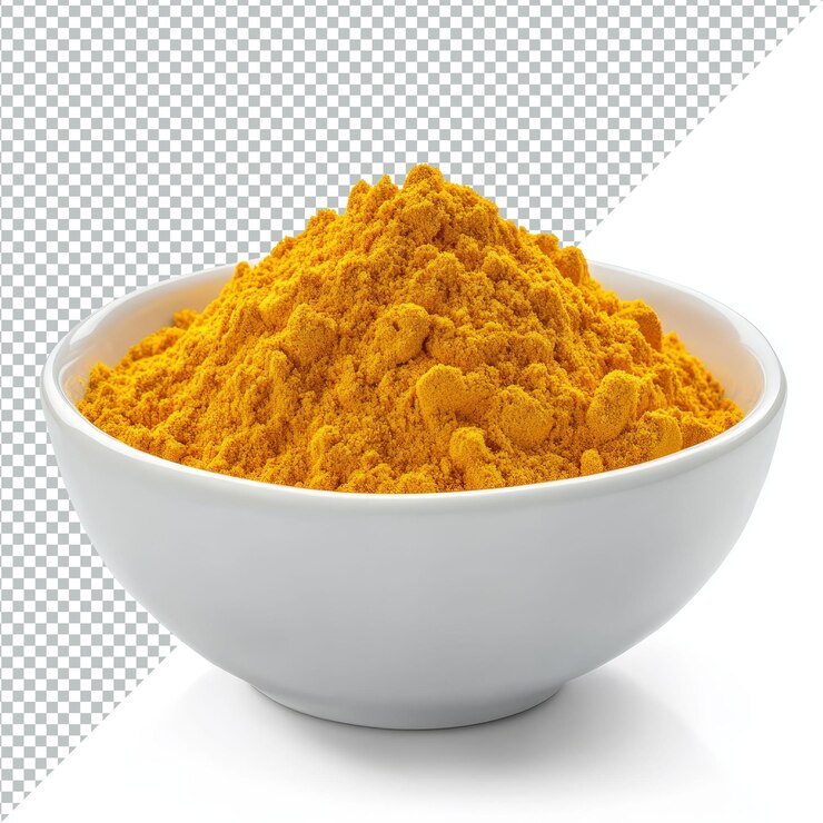 PSD polvo de cúrcuma en un tazón transparente sobre un fondo transparente limpio para usos culinarios y de salud polvo deúrcuma en una taza transparente aislado en un fondo transparente