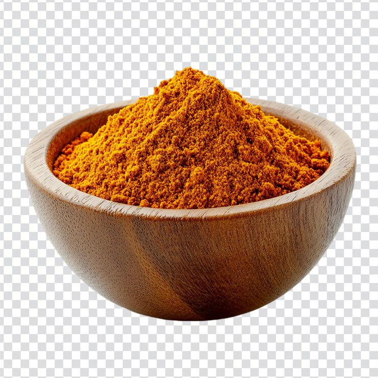 PSD polvo de curry en un cuenco de madera sobre un fondo transparente
